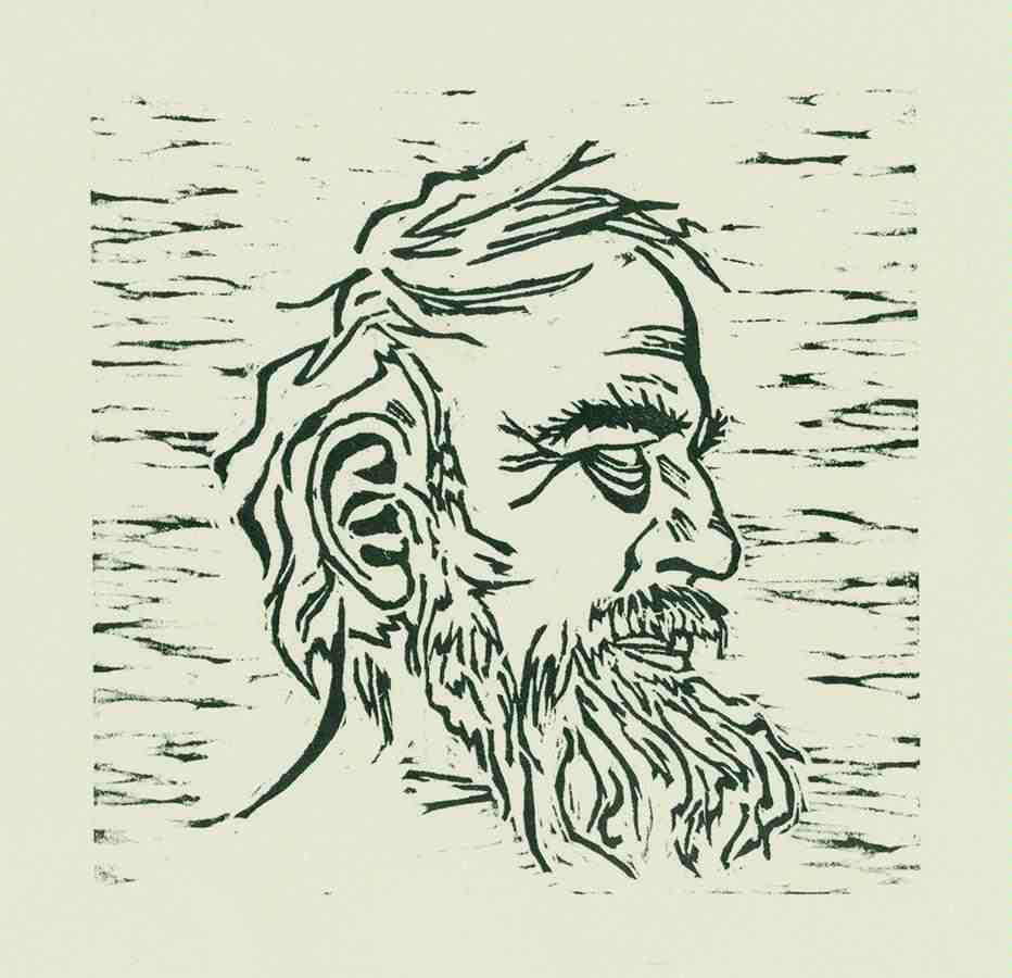 Black adn white print of a side profile of a man with a beard.